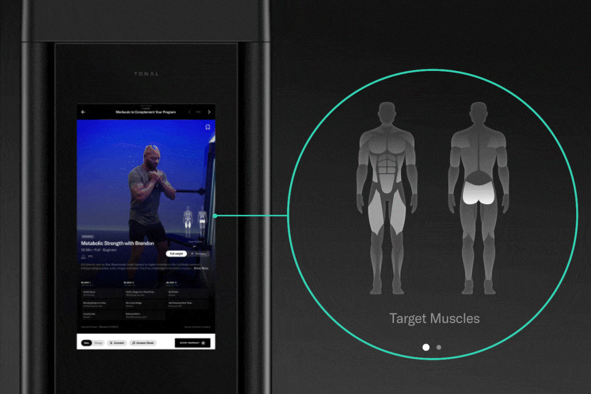 GIF showing muscle readiness on Tonal, showing whether muscles are fresh or fatigued to determine whether you need a deload or active recovery
