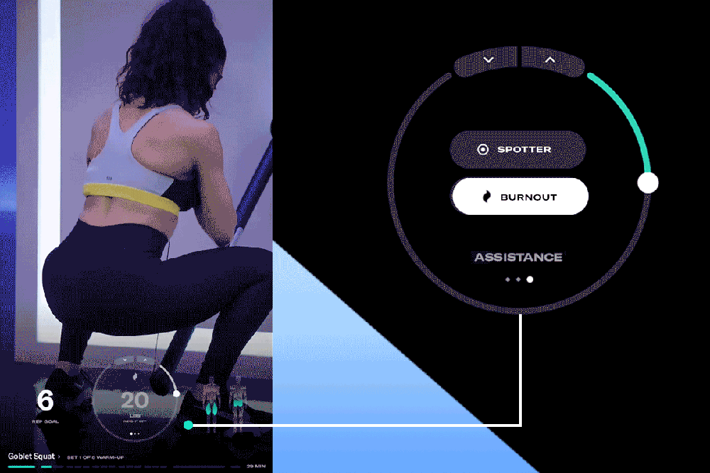 video loop of a woman performing a squat with burnout mode utilizing drop sets