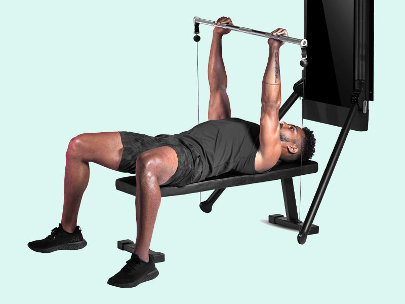 Barbell bench press; chest and triceps workout at home