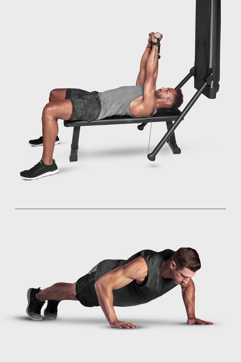 Bench press to pushup superset on Tonal