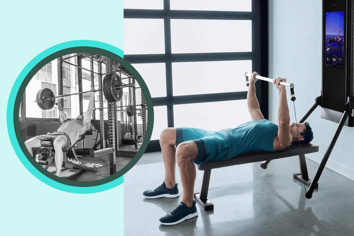 Man performing a bench press at a gym and on Tonal