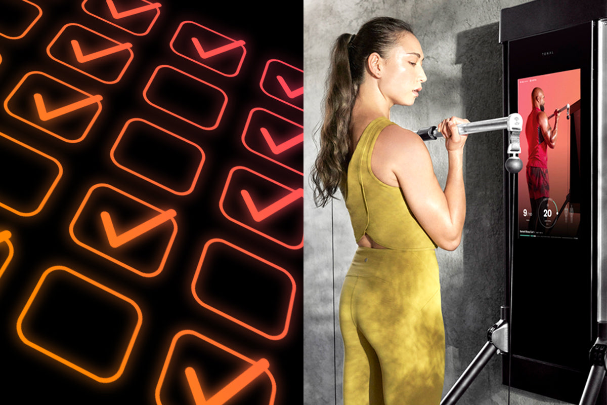 Graphic of checklist and image of woman performing a biceps curl on Tonal trainer