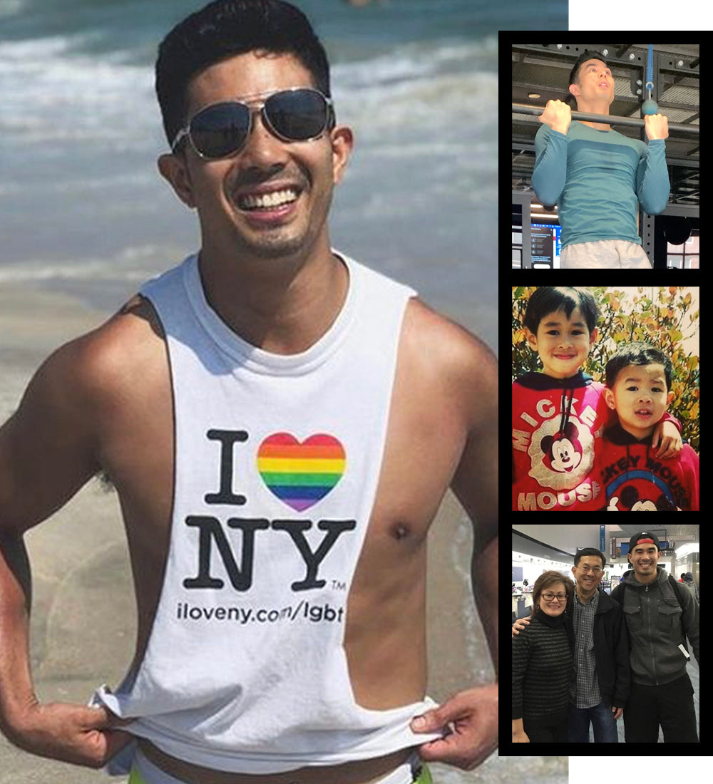 Photo of Tim Landicho with supporting images of him working out and with family. 