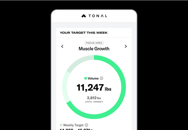 Tonal app interface showing muscle growth target on a smartphone screen