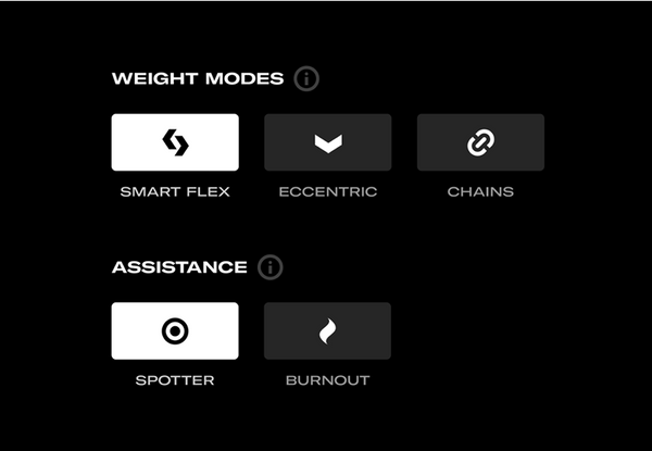 Control panel with weight modes and assistance options on a black background