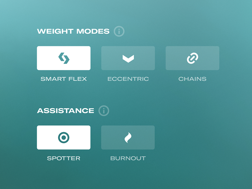 Control panel with weight modes and assistance options on a teal background