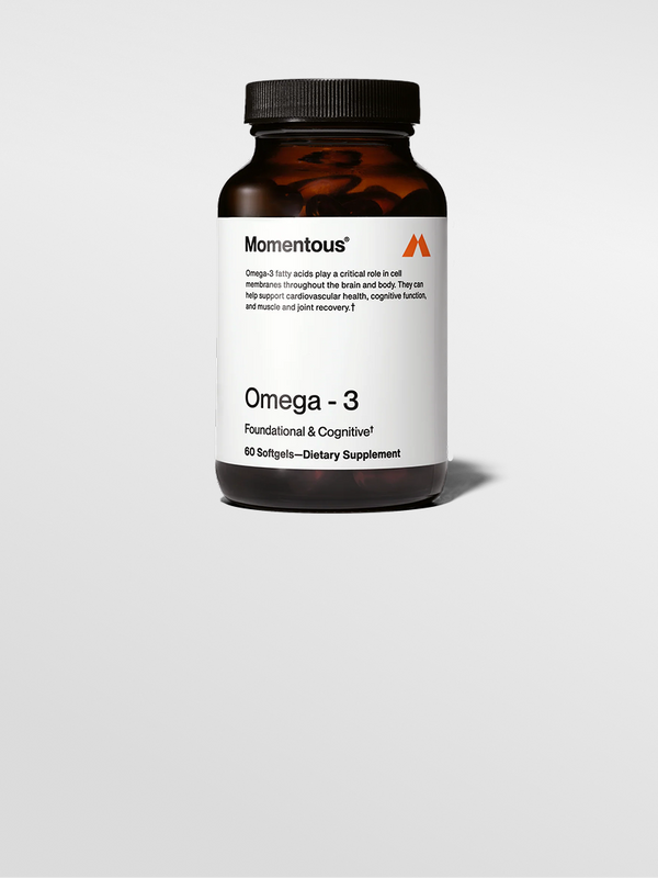 Momentous Omega-3 dietary supplement bottle on a white background