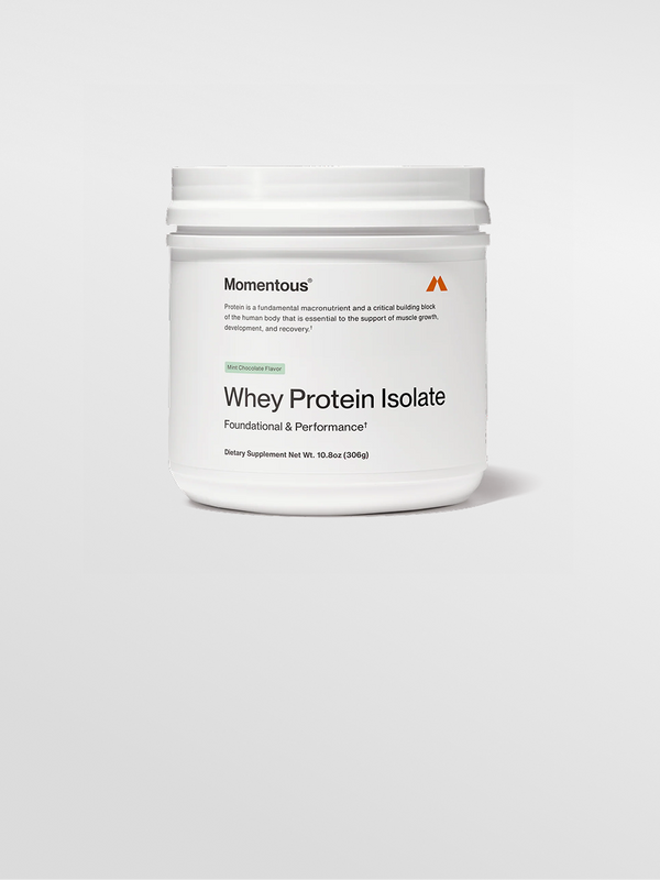 Momentous Whey Protein Isolate container on a white background