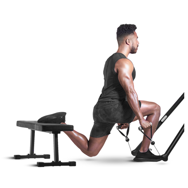 Man performing Bulgarian Split Squats using Tonal machine and flat bench
