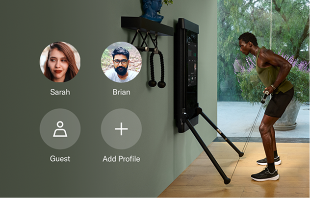 Person exercising using the Tonal training system in their home with an overlay showing different account avatars