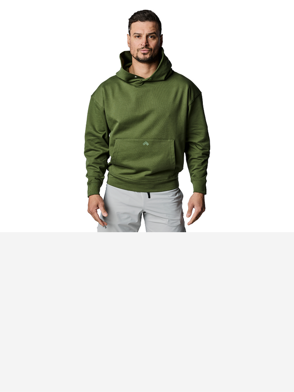Front view of dark sage men's Tonal Performance Shop hoodie