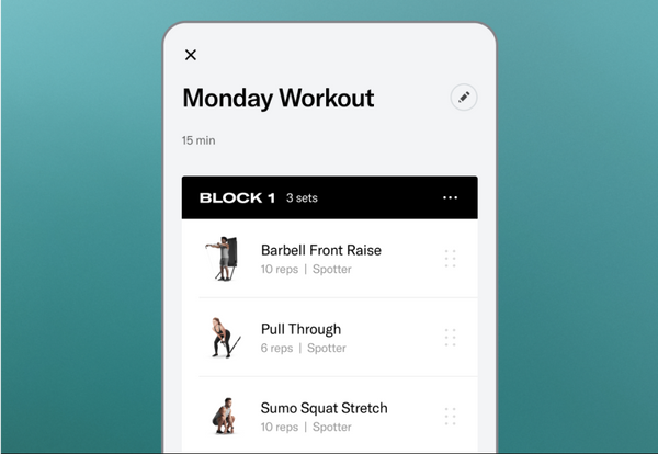 Phone screen displaying a Tonal app with 'Monday Workout' exercises schedule on a teal background