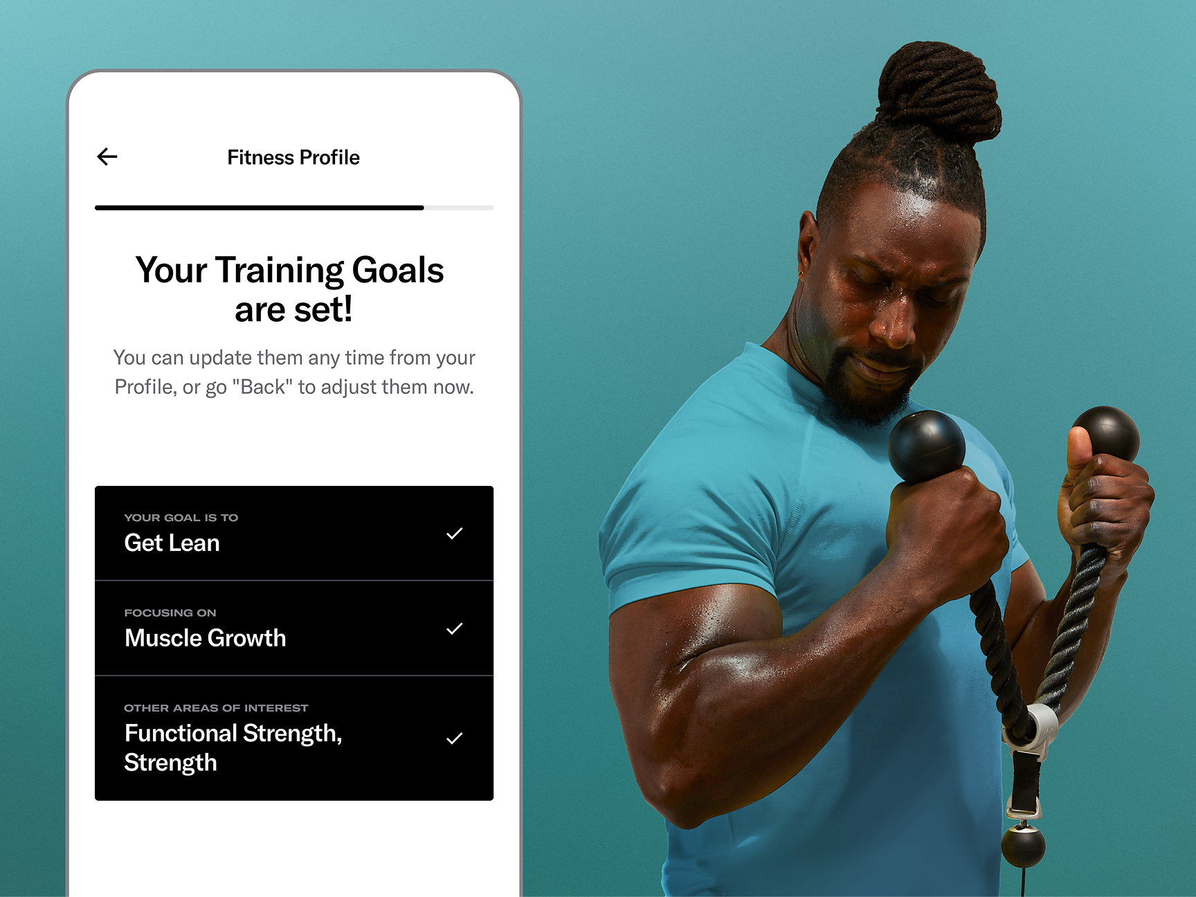Phone UI showing training goals
Man doing Y-pull

