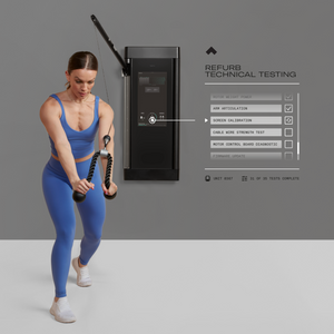 Woman in blue athletic wear using a refurbished Tonal machine with a technical testing checklist showing comprehensive refurbishment process on a gray background.
