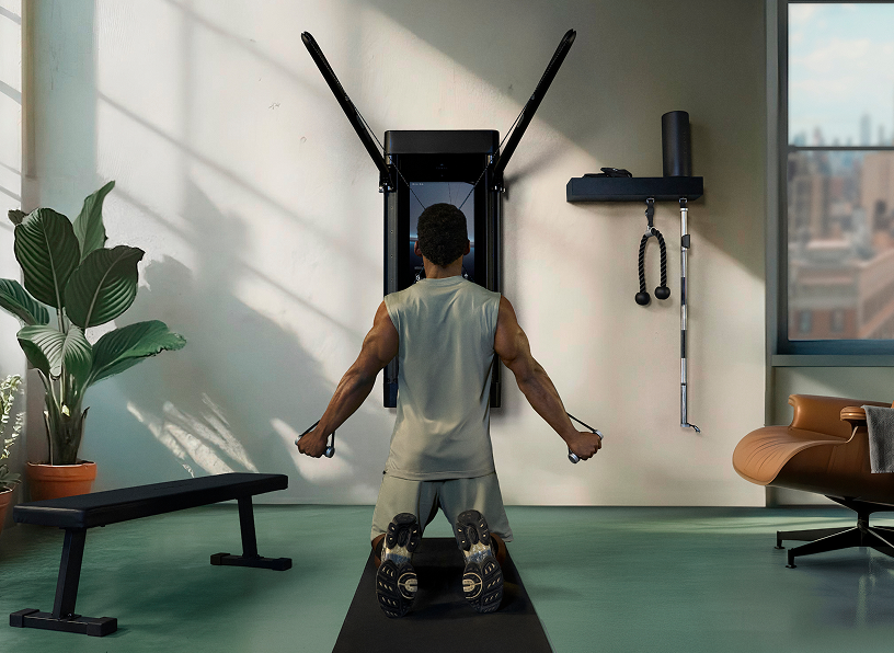 Person using a Tonal machine a modern home gym with a plant and furniture.