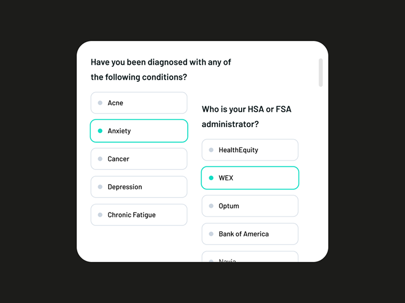 Form with health condition and HSA/FSA administrator selection on a black background